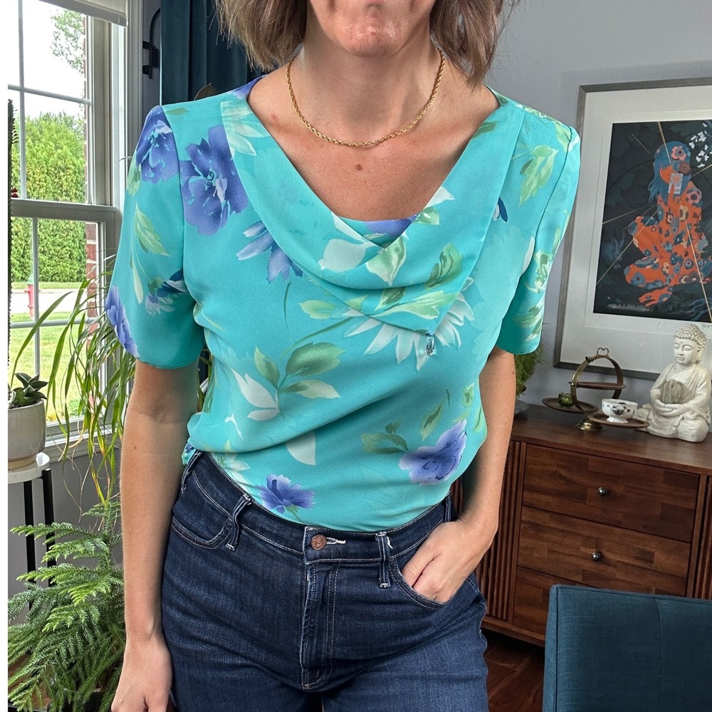 Studio 1 Y2K Floral Print Blouse Top Teal Purple Short Sleeve Cowl Neck Elegant